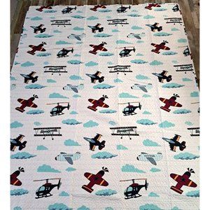 Airplane Twin Quilt Comforter Mantex Blue White Striped Red Boys Room Nursery